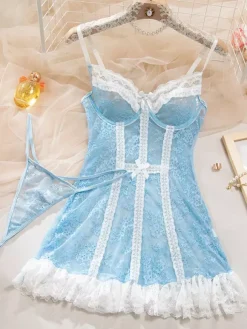 Babydolls Lingerie Light Sky Blue Lace Floral Print Sheer Dress