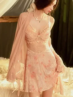Babydolls Lingerie Pink Lace Floral Print Underwired Chemise Sexy Sleepwear Nightdress With Pads