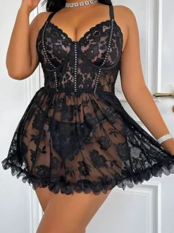 Babydolls Lingerie Sexy Black Lace Floral Print Polyester 2-Piece Dress Sleepwear Pajama