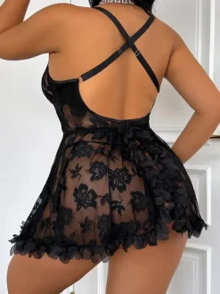 Babydolls Lingerie Sexy Black Lace Floral Print Polyester 2-Piece Dress Sleepwear Pajama