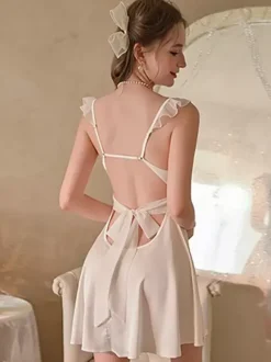 Babydolls Lingerie Sexy White Lace Two-Tone Backless Satin Slip Padded Nightgown