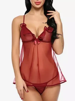 Babydolls Lingerie Women Black Pleated Sheer Chiffon Sexy Pajamas