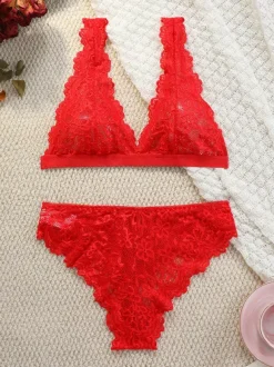 Backless Lingerie Buttons Floral Print Sexy Red 2-Piece Bra Panty Sets
