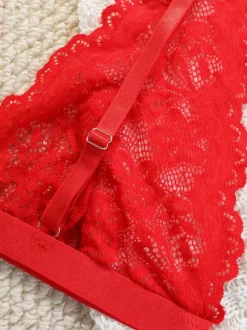 Backless Lingerie Buttons Floral Print Sexy Red 2-Piece Bra Panty Sets