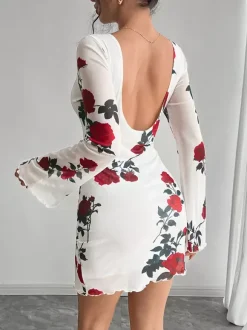 Backless Rose Print Mesh Flare Sleeve Bodycon Mini Dress For Women 2026