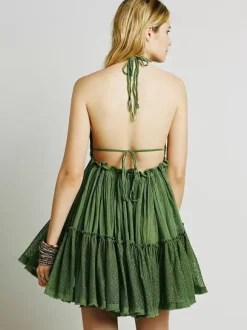 Backless Halter Mini Dress for Women - Boho Textured Ruffle V Neck Tie Back Babydoll Dress - Summer Beach Party 2026