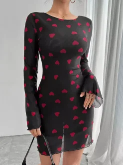 Backless Heart Print Long Sleeve Mini Dress For Women 2026