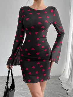 Backless Heart Print Long Sleeve Mini Dress For Women 2026