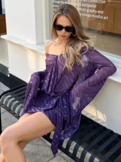 Backless Sheer Mini Dress For Women - Sexy V Neck Tie Front Long Sleeves Ruched Bodycon - Summer Night Out Club Party 2026