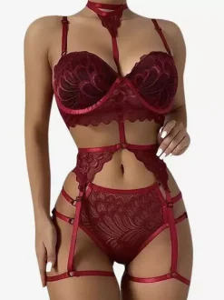 Backless Wireless Lingerie Lace Up Red 2-Piece Bra Panty Sets