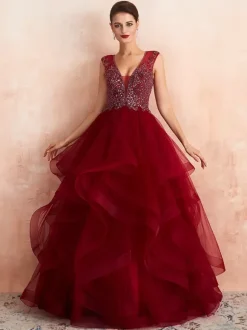 Ball Gown Wedding Dress Princess Floor Length V Neck Sleeveless Sequins Tulle Bridal Dresses