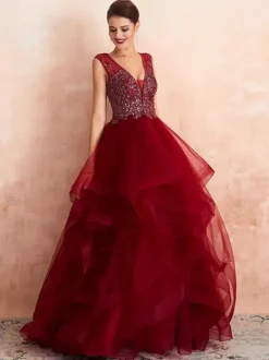 Ball Gown Wedding Dress Princess Floor Length V Neck Sleeveless Sequins Tulle Bridal Dresses