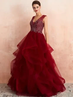 Ball Gown Wedding Dress Princess Floor Length V Neck Sleeveless Sequins Tulle Bridal Dresses