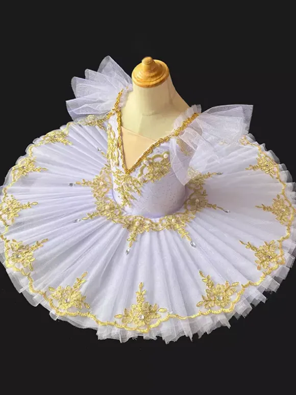 Ballet Dance Costumes White Women's Kid's Ballerina Pearls Ruffles Lace Polyester Dress Dancing Wear