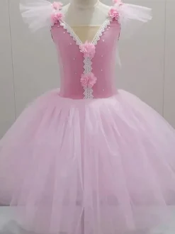 Ballet Dress Pink Girl's Kid's Ballerina Rhinestones Lace Lace Polyester Dress Set Performance Wear