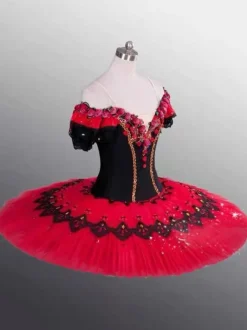 Ballet Dress Red Girl's Adult's Ballerina Rhinestones Flowers Lace Polyester Dress Set Performance Wear