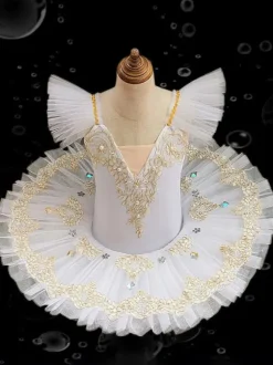 Ballet Dress Blue Girl's Kid's Ballerina Ruffles Embroidered Lace Polyester Dress Performance Wear