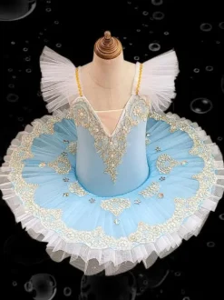 Ballet Dress Blue Girl's Kid's Ballerina Ruffles Embroidered Lace Polyester Dress Performance Wear
