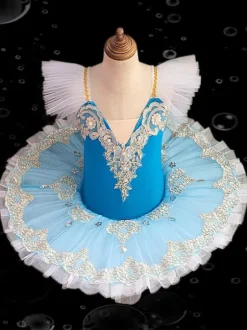 Ballet Dress Blue Girl's Kid's Ballerina Ruffles Embroidered Lace Polyester Dress Performance Wear