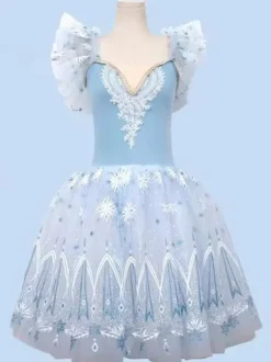 Ballet Dress Light Sky Blue Women's Kid's Ballerina Sequins Lace Floral Print Polyester Dress Set Dancing Wear