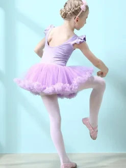 Ballet Dress Lilac Women's Kid's Dancer Cut Out Ruffles Artwork Pleated Cotton Blend Dress Tunic dancing wear