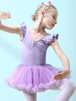 Ballet Dress Lilac Women's Kid's Dancer Cut Out Ruffles Artwork Pleated Cotton Blend Dress Tunic dancing wear