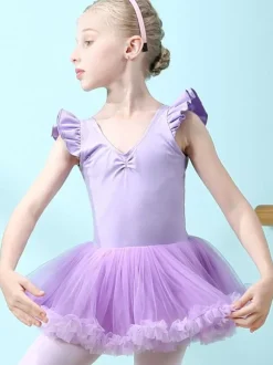 Ballet Dress Lilac Women's Kid's Dancer Cut Out Ruffles Artwork Pleated Cotton Blend Dress Tunic dancing wear