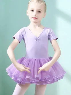 Ballet Dress Lilac Women's Kid's Dancer Cut Out Ruffles Artwork Pleated Cotton Blend Dress Tunic performance wear