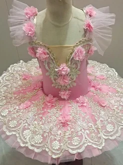 Ballet Dress Pink Kid's Adult's Ballerina Ruffles Flowers Lace Polyester Dress Performance Wear
