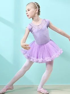 Ballet Dress Pink Women's Kid's Dancer Cut Out Ruffles Artwork Pleated Cotton Blend Dress Tunic performance wear