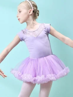 Ballet Dress Pink Women's Kid's Dancer Cut Out Ruffles Artwork Pleated Cotton Blend Dress Tunic performance wear
