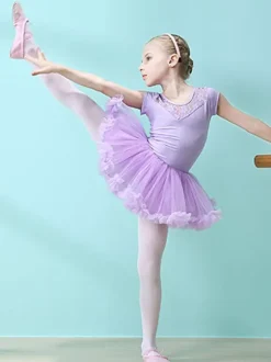 Ballet Dress Pink Women's Kid's Dancer Cut Out Ruffles Artwork Pleated Cotton Blend Dress Tunic performance wear