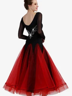 Ballroom Dance Costume Burgundy Women Long Sleeve Organza Beading Training Dancing Dresses