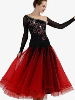 Ballroom Dance Costume Burgundy Women Long Sleeve Organza Beading Training Dancing Dresses