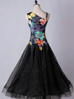 Ballroom Dance Costume Dresses Floral Black Women Long Sleeve Organza Practice Dancing Costume