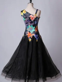 Ballroom Dance Costume Dresses Floral Black Women Long Sleeve Organza Practice Dancing Costume