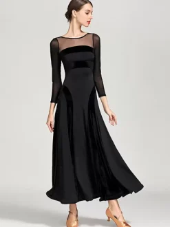 Ballroom Dance Costumes Black Women's Sexy Transparente Jewel Neck Polyester Dress Layered Dance Dress