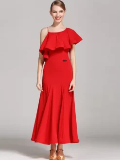Ballroom Dance Costumes Black Women's Sexy Asymmetrical Neck Polyester Dress Ruffles Asymmetrical Dance Wear