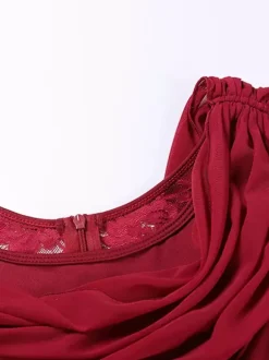 Ballroom Dance Costumes Burgundy Women's Elegant Transparente Cowl Neck Polyester Dress Lace Ruffles Pleated Dance Dress