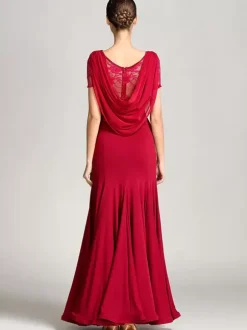 Ballroom Dance Costumes Burgundy Women's Elegant Transparente Cowl Neck Polyester Dress Lace Ruffles Pleated Dance Dress
