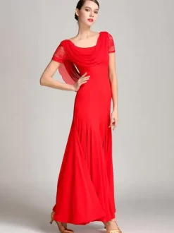 Ballroom Dance Costumes Burgundy Women's Elegant Transparente Cowl Neck Polyester Dress Lace Ruffles Pleated Dance Dress