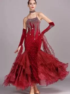 Ballroom Dance Costumes Burgundy Women's Sexy Straps Neck Polyester Dress Lace Rhinestones Dancing Wear