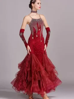 Ballroom Dance Costumes Burgundy Women's Sexy Straps Neck Polyester Dress Lace Rhinestones Dancing Wear