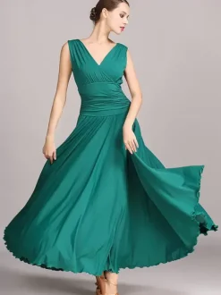 Ballroom Dance Costumes Black Women's Elegant V-Neck Polyester Dress Pleated Layered Dance Dress