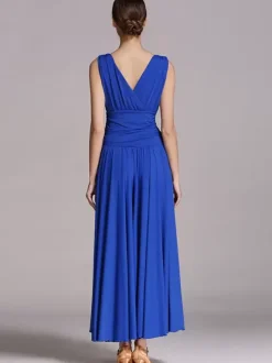 Ballroom Dance Costumes Black Women's Elegant V-Neck Polyester Dress Pleated Layered Dance Dress