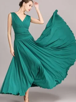 Ballroom Dance Costumes Black Women's Elegant V-Neck Polyester Dress Pleated Layered Dance Dress