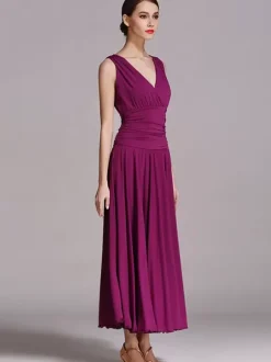 Ballroom Dance Costumes Black Women's Elegant V-Neck Polyester Dress Pleated Layered Dance Dress