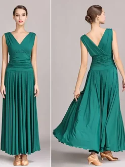 Ballroom Dance Costumes Black Women's Elegant V-Neck Polyester Dress Pleated Layered Dance Dress