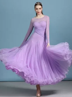 Ballroom Dance Costumes Dark Navy Women's Elegant Transparente Jewel Neck Polyester Dress Sequins Ruffles Layered Dance Dress