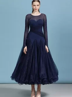 Ballroom Dance Costumes Dark Navy Women's Elegant Transparente Jewel Neck Polyester Dress Sequins Ruffles Layered Dance Dress